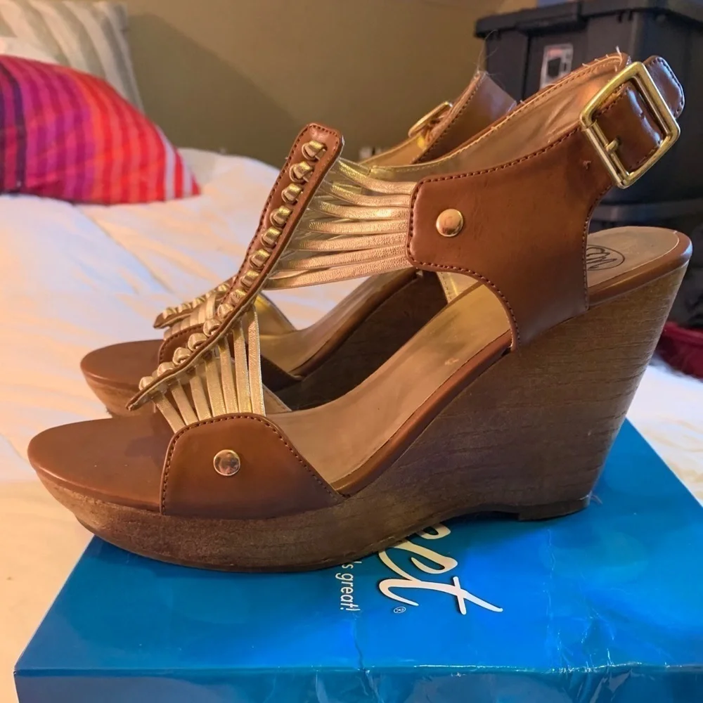 Brown and gold wedges. Extremely comfortable